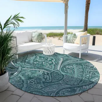 8' Teal Blue Aqua And Ivory Round Paisley Washable Indoor Outdoor Area Rug