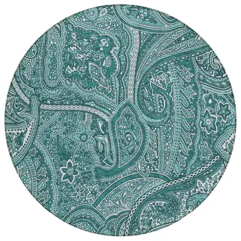 8' Teal Blue Aqua And Ivory Round Paisley Washable Indoor Outdoor Area Rug