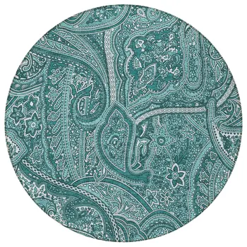 8' Teal Blue Aqua And Ivory Round Paisley Washable Indoor Outdoor Area Rug