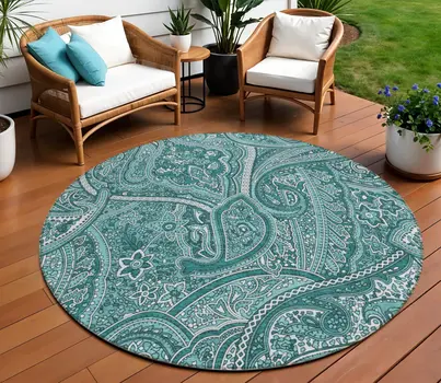 8' Teal Blue Aqua And Ivory Round Paisley Washable Indoor Outdoor Area Rug