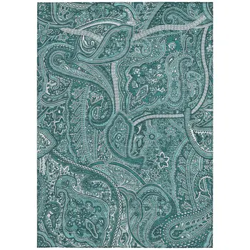 8' X 10' Teal Blue Aqua And Ivory Paisley Washable Indoor Outdoor Area Rug