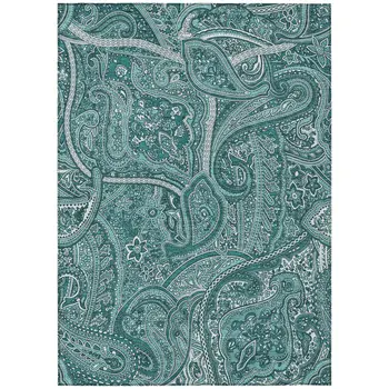 8' X 10' Teal Blue Aqua And Ivory Paisley Washable Indoor Outdoor Area Rug