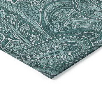 8' X 10' Teal Blue Aqua And Ivory Paisley Washable Indoor Outdoor Area Rug