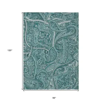 8' X 10' Teal Blue Aqua And Ivory Paisley Washable Indoor Outdoor Area Rug