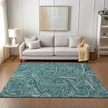 8' X 10' Teal Blue Aqua And Ivory Paisley Washable Indoor Outdoor Area Rug