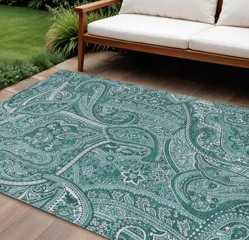 10' X 14' Teal Blue Aqua And Ivory Paisley Washable Indoor Outdoor Area Rug