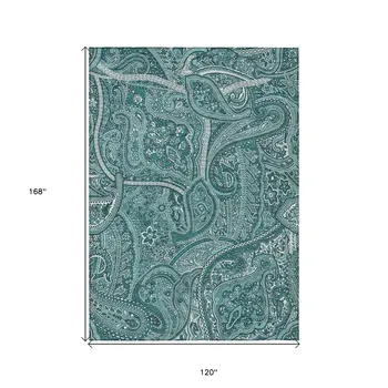 10' X 14' Teal Blue Aqua And Ivory Paisley Washable Indoor Outdoor Area Rug