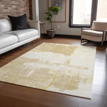 3' X 5' Beige Gold And Tan Abstract Washable Indoor Outdoor Area Rug