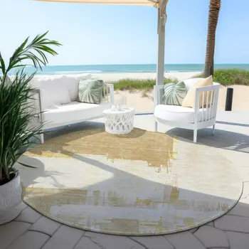 8' Beige Gold And Tan Round Abstract Washable Indoor Outdoor Area Rug