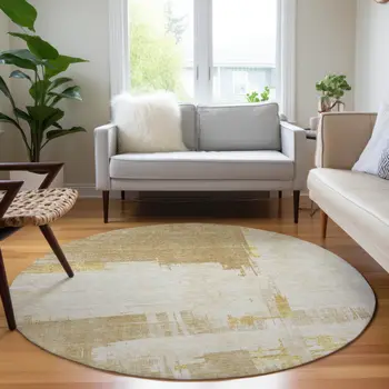 8' Beige Gold And Tan Round Abstract Washable Indoor Outdoor Area Rug