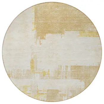 8' Beige Gold And Tan Round Abstract Washable Indoor Outdoor Area Rug