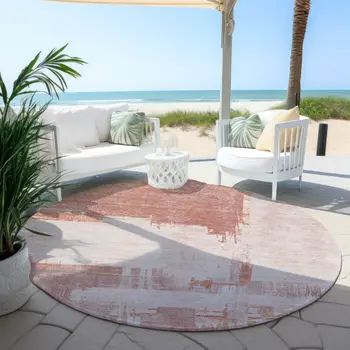 8' Blush Mauve And Ivory Round Abstract Washable Indoor Outdoor Area Rug