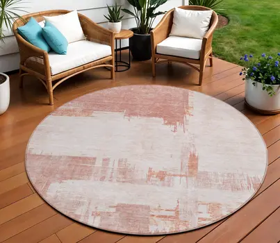 8' Blush Mauve And Ivory Round Abstract Washable Indoor Outdoor Area Rug