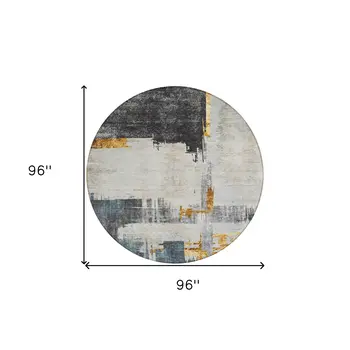 8' Charcoal Gray And Tan Round Abstract Washable Indoor Outdoor Area Rug