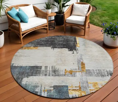8' Charcoal Gray And Tan Round Abstract Washable Indoor Outdoor Area Rug