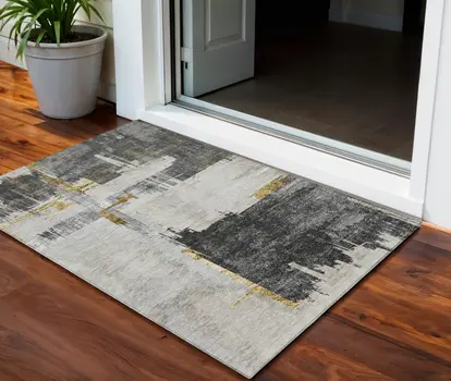 3' X 5' Gray And Tan Abstract Washable Indoor Outdoor Area Rug