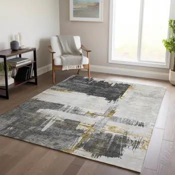 3' X 5' Gray And Tan Abstract Washable Indoor Outdoor Area Rug