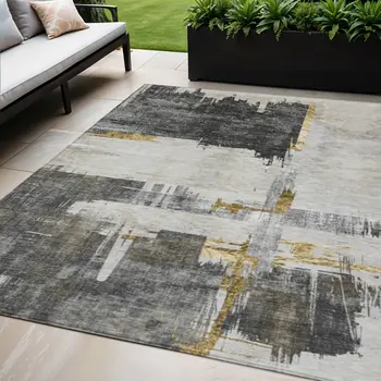 5' X 8' Gray And Tan Abstract Washable Indoor Outdoor Area Rug