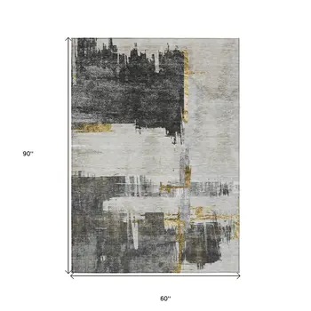 5' X 8' Gray And Tan Abstract Washable Indoor Outdoor Area Rug
