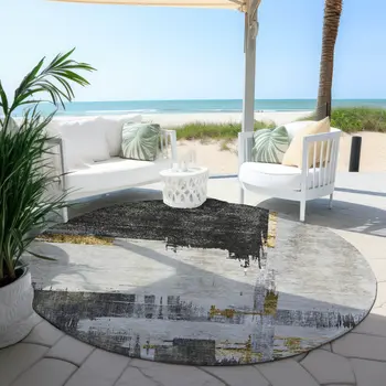 8' Gray And Tan Round Abstract Washable Indoor Outdoor Area Rug