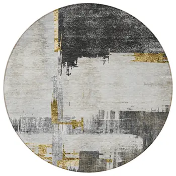 8' Gray And Tan Round Abstract Washable Indoor Outdoor Area Rug