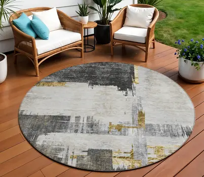 8' Gray And Tan Round Abstract Washable Indoor Outdoor Area Rug