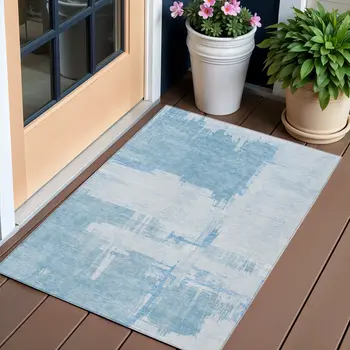 3' X 5' Sky Blue And Denim Blue Abstract Washable Indoor Outdoor Area Rug