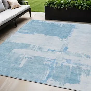 5' X 8' Sky Blue And Denim Blue Abstract Washable Indoor Outdoor Area Rug