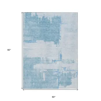 5' X 8' Sky Blue And Denim Blue Abstract Washable Indoor Outdoor Area Rug