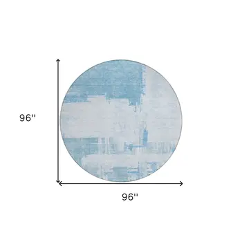 8' Sky Blue And Denim Blue Round Abstract Washable Indoor Outdoor Area Rug