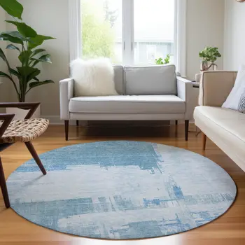 8' Sky Blue And Denim Blue Round Abstract Washable Indoor Outdoor Area Rug