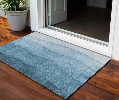 3' X 5' Denim Blue And Navy Blue Ombre Washable Indoor Outdoor Area Rug