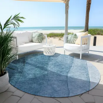 8' Denim Blue And Navy Blue Round Ombre Washable Indoor Outdoor Area Rug