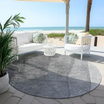 8' Gray Silver And Charcoal Round Ombre Washable Indoor Outdoor Area Rug