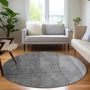 8' Gray Silver And Charcoal Round Ombre Washable Indoor Outdoor Area Rug