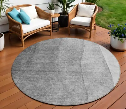 8' Gray Silver And Charcoal Round Ombre Washable Indoor Outdoor Area Rug