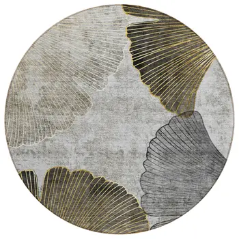 8' Gray Charcoal And Silver Round Floral Washable Indoor Outdoor Area Rug