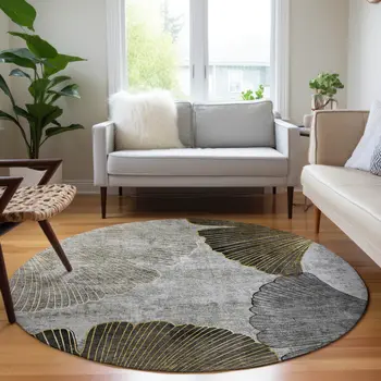 8' Gray Charcoal And Silver Round Floral Washable Indoor Outdoor Area Rug
