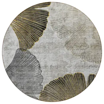 8' Gray Charcoal And Silver Round Floral Washable Indoor Outdoor Area Rug