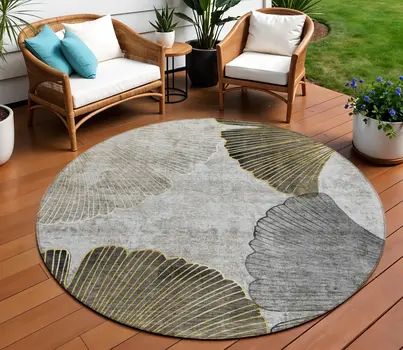 8' Gray Charcoal And Silver Round Floral Washable Indoor Outdoor Area Rug