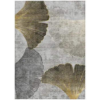 9' X 12' Gray Charcoal And Silver Floral Washable Indoor Outdoor Area Rug
