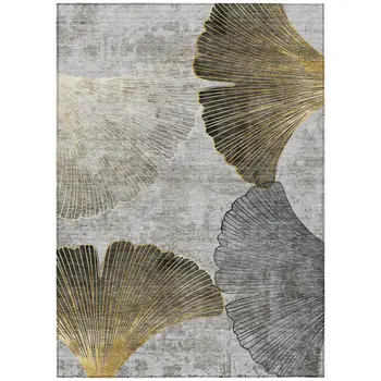 9' X 12' Gray Charcoal And Silver Floral Washable Indoor Outdoor Area Rug