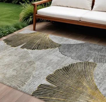 10' X 14' Gray Charcoal And Silver Floral Washable Indoor Outdoor Area Rug