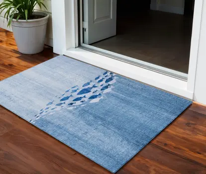 3' X 5' Sky Blue And Navy Blue Nautical Washable Indoor Outdoor Area Rug