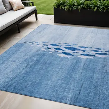 5' X 8' Sky Blue And Navy Blue Nautical Washable Indoor Outdoor Area Rug