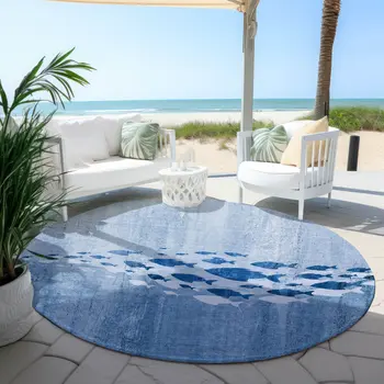 8' Sky Blue And Navy Blue Round Nautical Washable Indoor Outdoor Area Rug