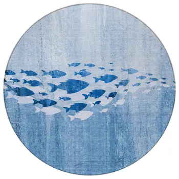 8' Sky Blue And Navy Blue Round Nautical Washable Indoor Outdoor Area Rug