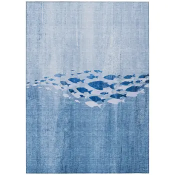 9' X 12' Sky Blue And Navy Blue Nautical Washable Indoor Outdoor Area Rug