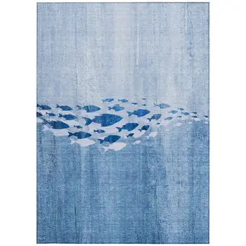 10' X 14' Sky Blue And Navy Blue Nautical Washable Indoor Outdoor Area Rug