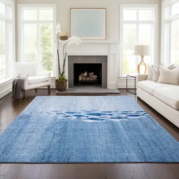10' X 14' Sky Blue And Navy Blue Nautical Washable Indoor Outdoor Area Rug